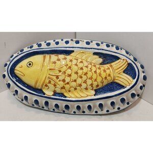 Vintage Ceramic Italian Fish Mold Wall Decor Oval Yellow Blue